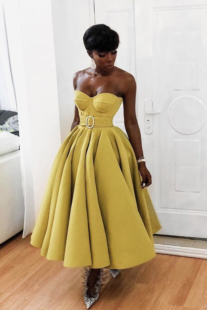 Yellow Sweetheart Neck Satin Tea-Length Prom Dress Yellow Evening Dress