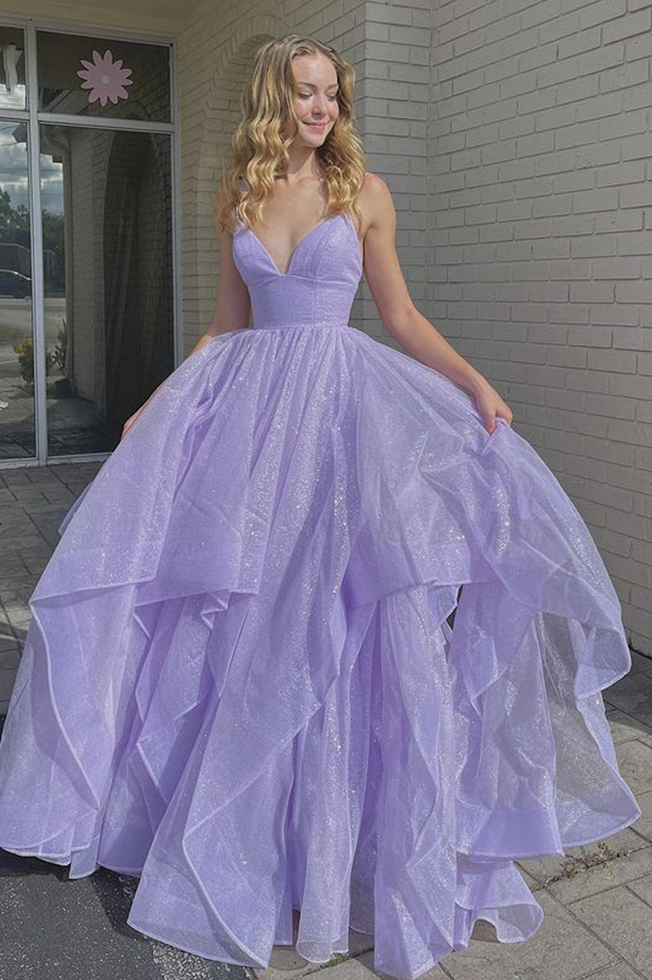 Purple V-Neck Tulle Long Prom Dress Purple Evening Dress