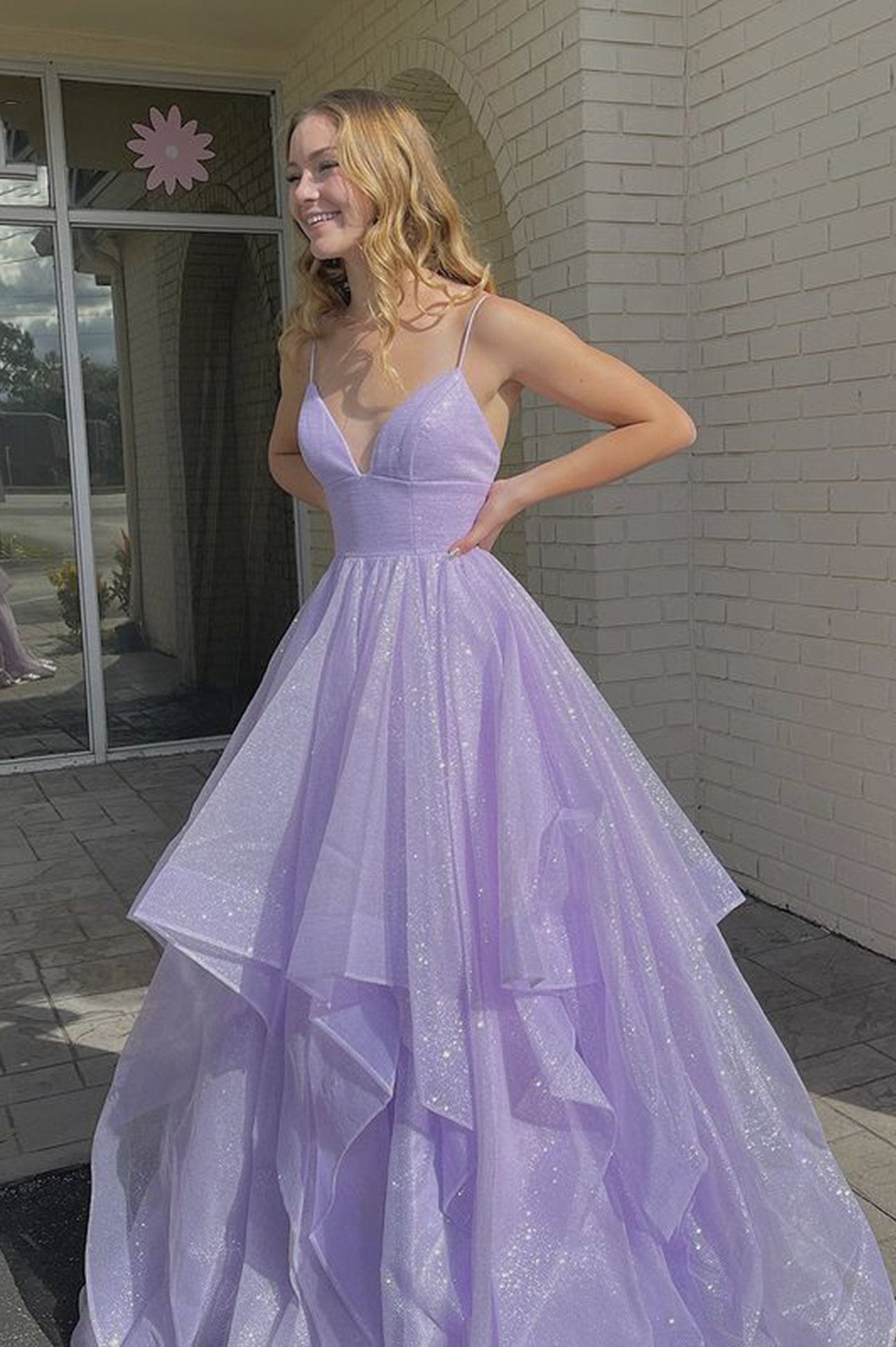 Purple V-Neck Tulle Long Prom Dress Purple Evening Dress