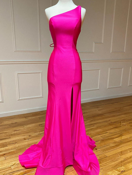 Girly Pink Mermaid One Shoulder Long Prom Dress