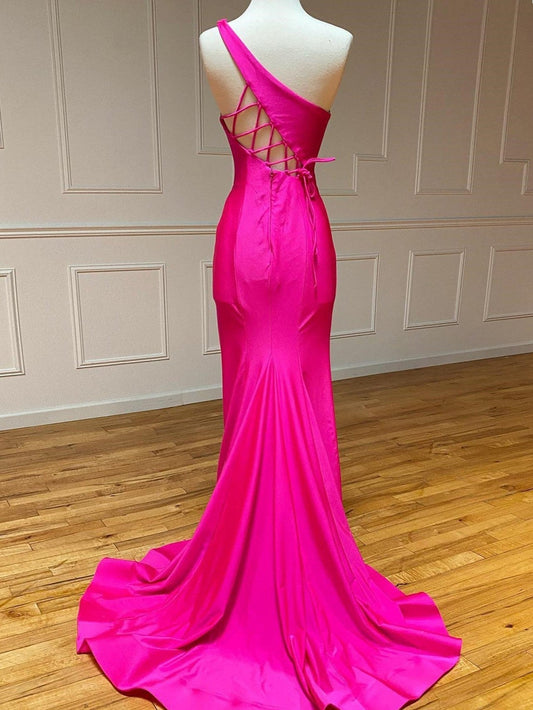 Girly Pink Mermaid One Shoulder Long Prom Dress