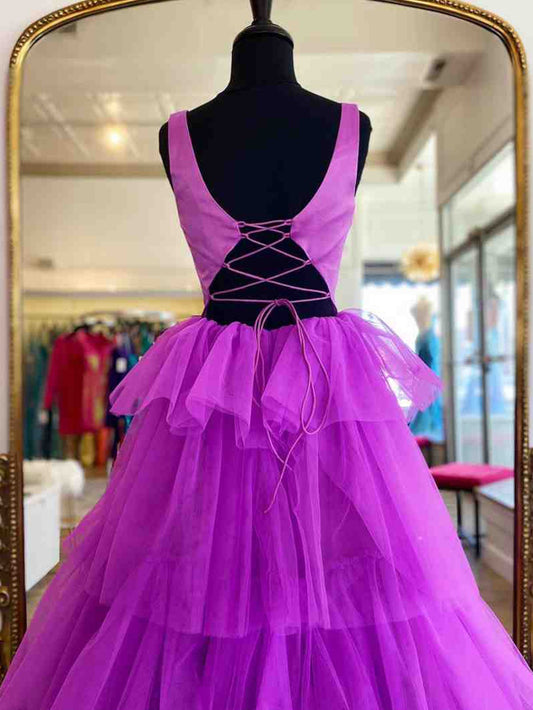 A Line Ruffles Purple Tulle Material Long Prom Dress