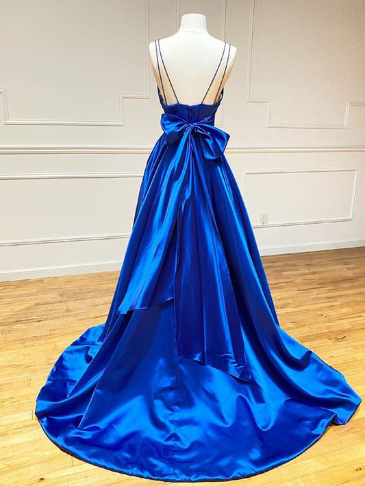 Royal Blue Satin A Line Sexy V Neck Long Elegant Prom Dress With Bow Tie