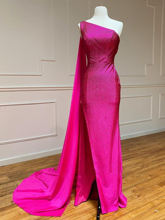 One Shoulder Glitter Mermaid Girly Pink Long Prom Dress