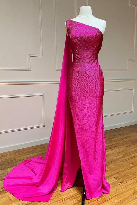 Prom Dress One Shoulder Glitter Mermaid Pink Long Evening Dress