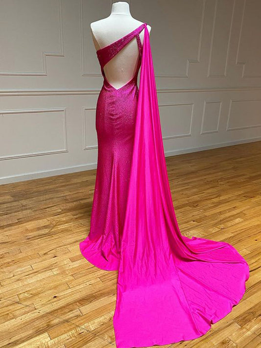 One Shoulder Glitter Mermaid Girly Pink Long Prom Dress