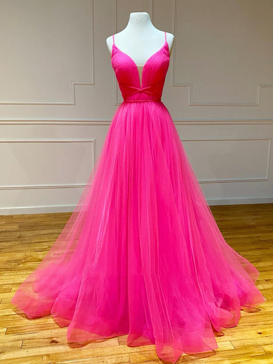 Girly Pink Tulle Material A Line Ruffles Long Prom Dress