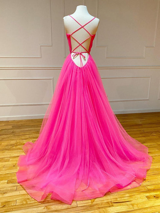 Girly Pink Tulle Material A Line Ruffles Long Prom Dress