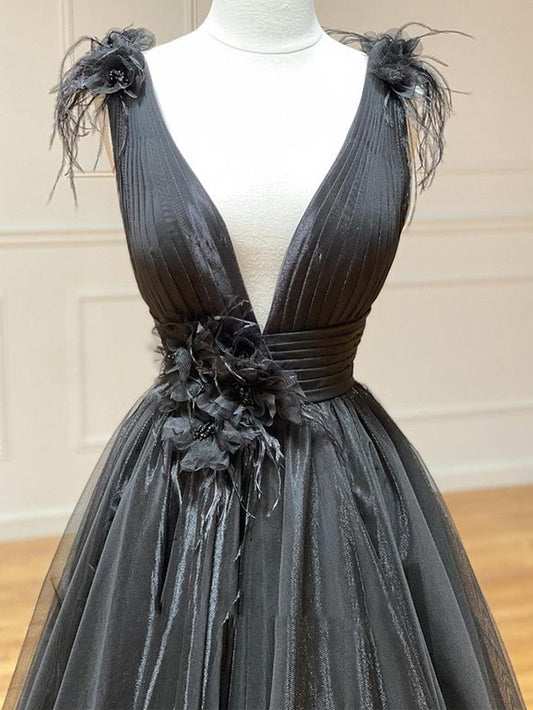 A Line Glamorous Black Sexy V Neck Tulle Material Long Prom Dress