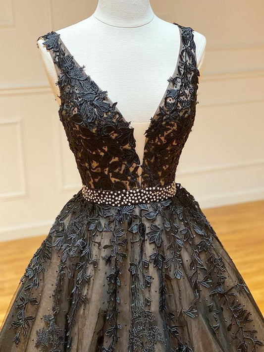 A Line Glamorous Black Sexy V Neck Lace Long Prom Dress