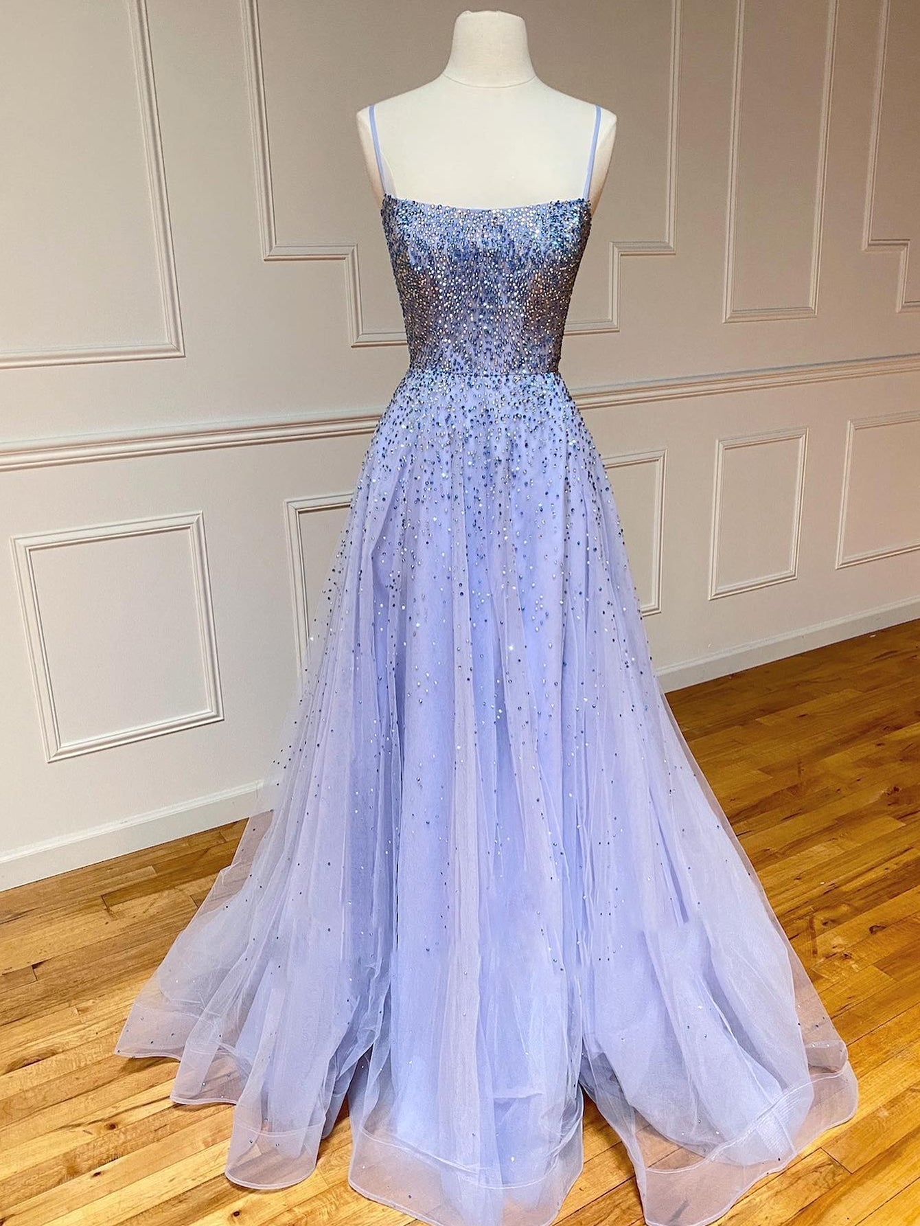 Light Blue Glitter Tulle Material Long Prom Dress