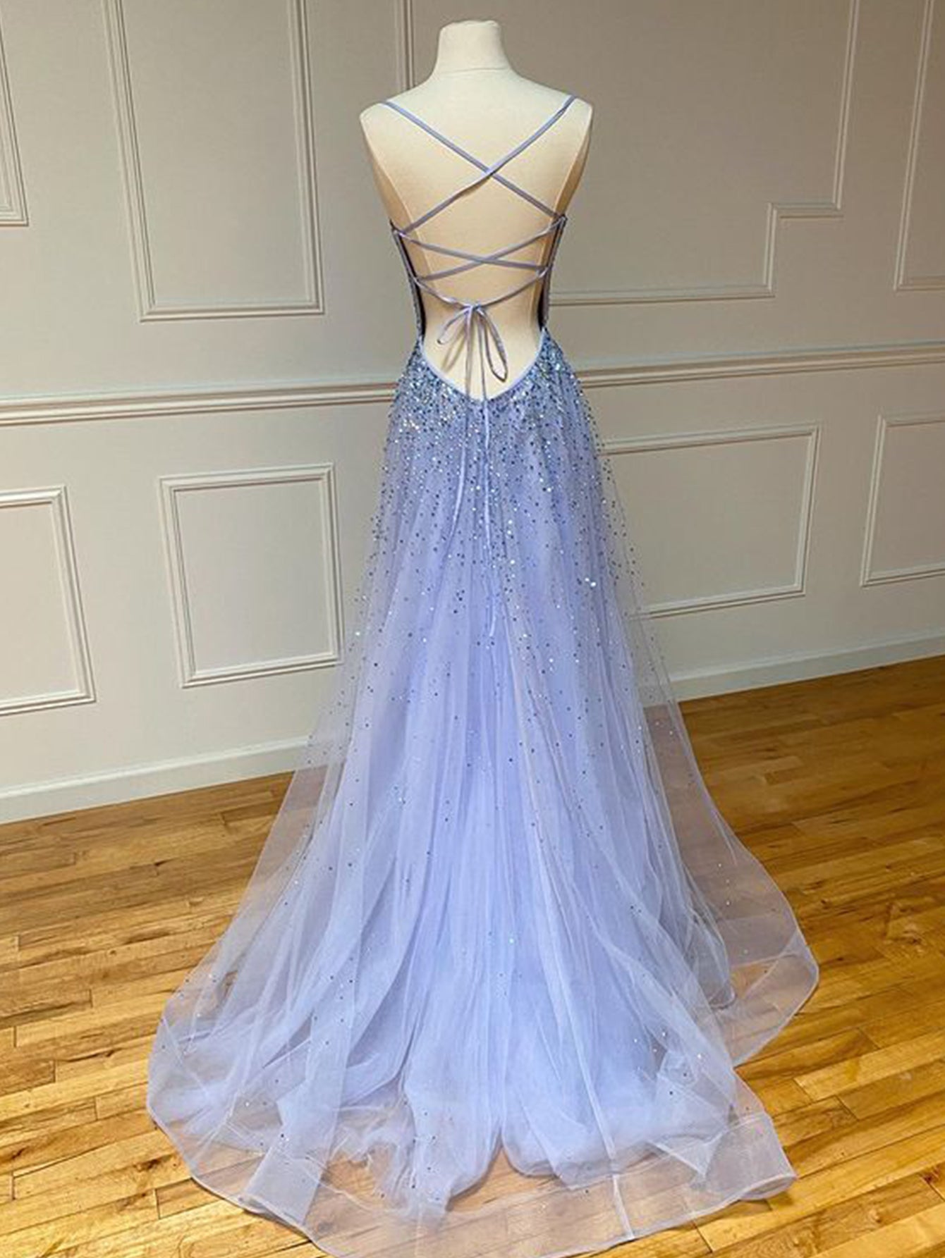 Light Blue Glitter Tulle Material Long Prom Dress