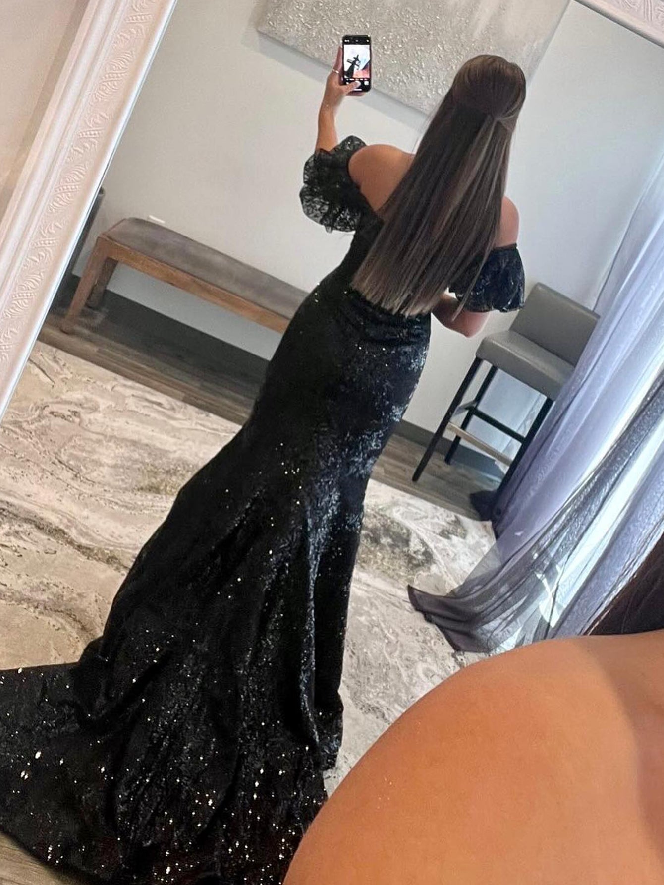 Glamorous Black Strapless Sequin Material  Long Mermaid Prom Dress