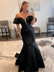 Glamorous Black Strapless Sequin Material  Long Mermaid Prom Dress