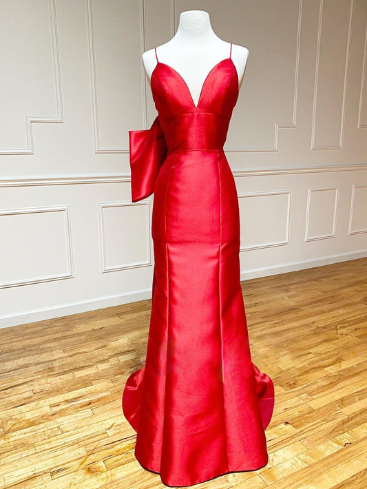 Red Satin Mermaid Sexy V Neck Long Elegant Prom Dress With Bow Tie