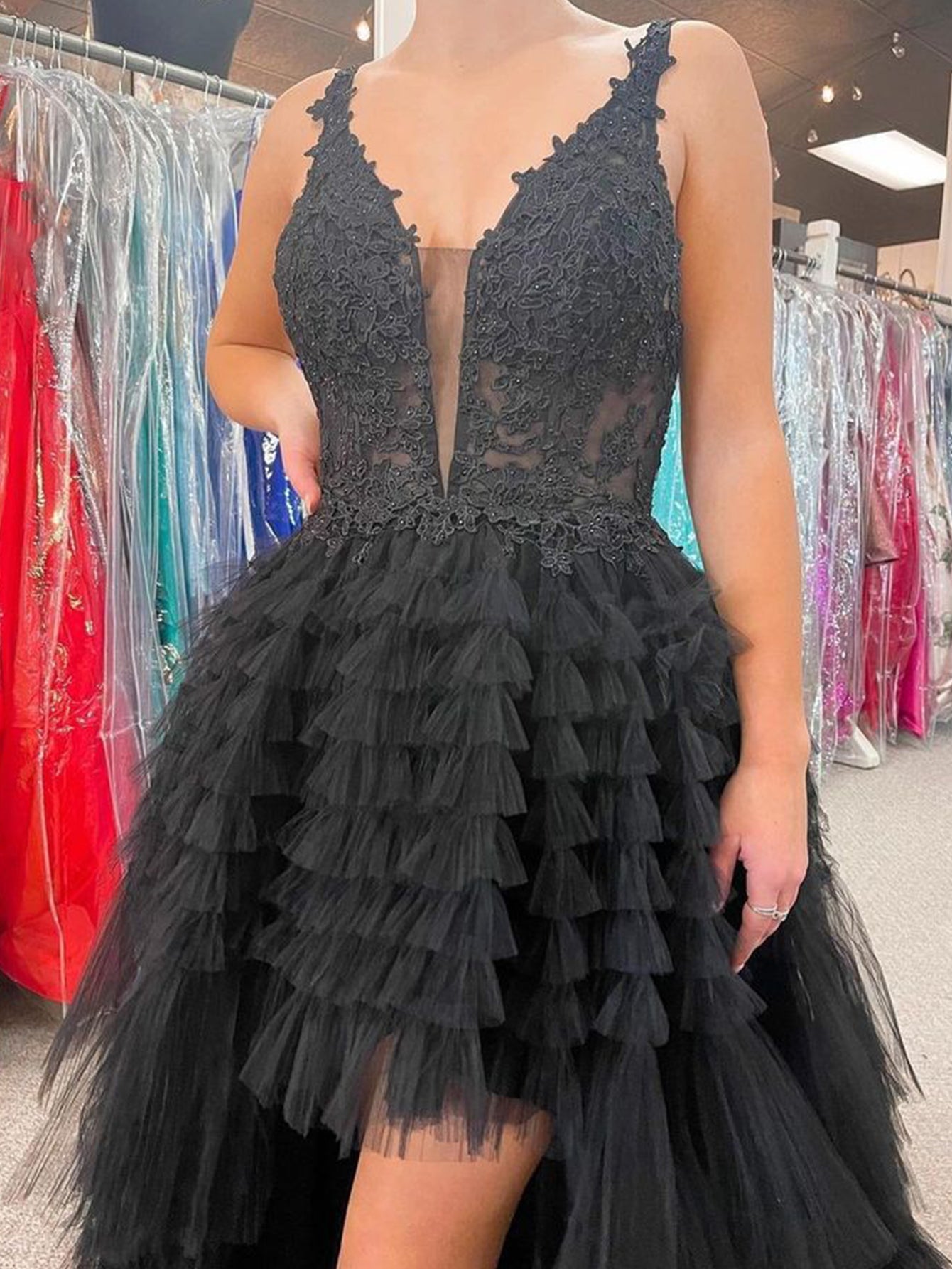 Glamorous Black Sexy V Neck Asymmetrical Tulle Material Long Prom Dress