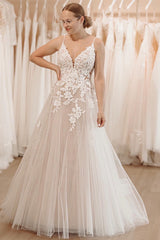 Glittering Ivory A-Line Spaghetti Straps Long Wedding Dress with Appliques