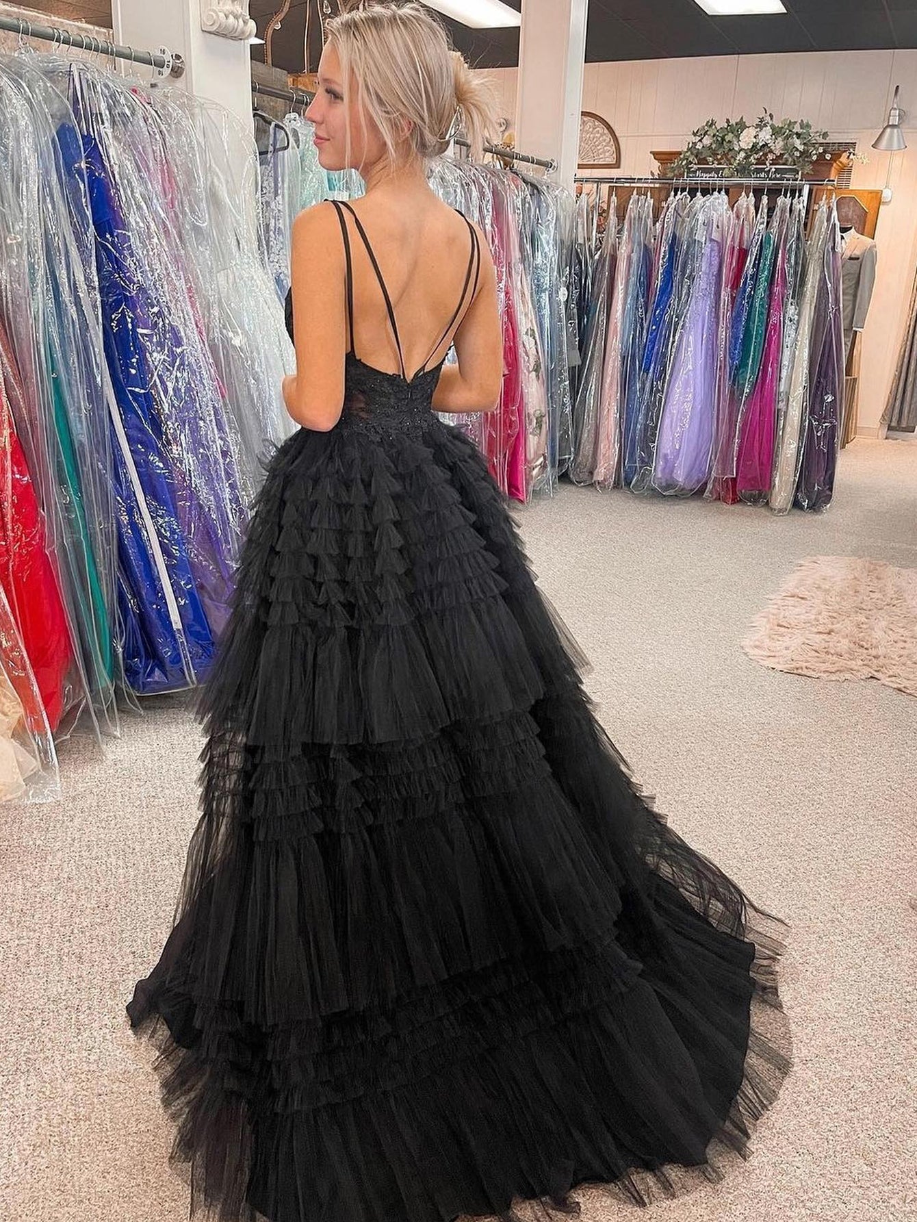 Glamorous Black Sexy V Neck Asymmetrical Tulle Material Long Prom Dress