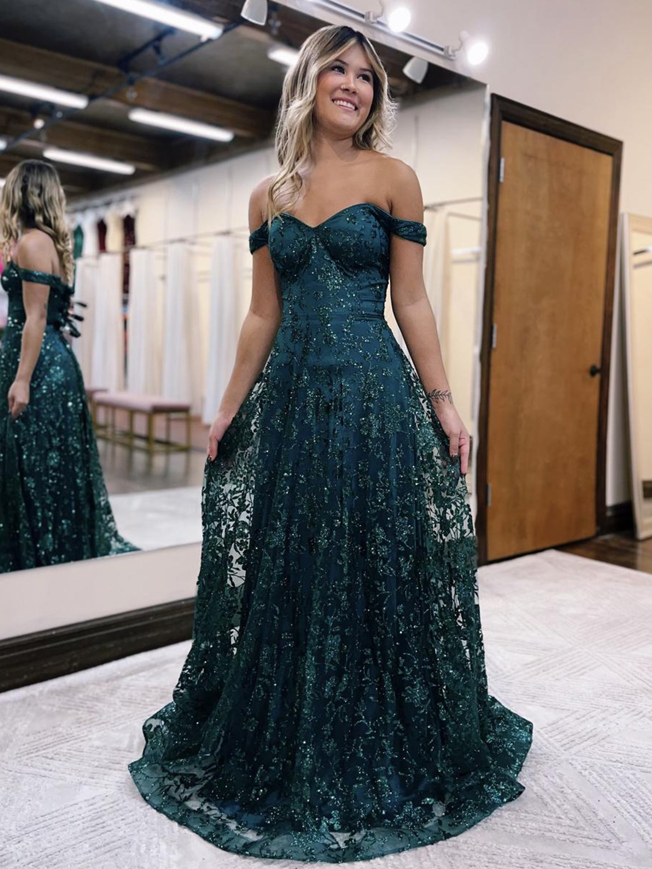 Glitter Mermaid Off The Shoulder Dark Green Long Prom Dress