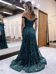 Glitter Mermaid Off The Shoulder Dark Green Long Prom Dress