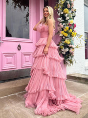 Girly Pink Strapless A-Line Tiered Crinkled Tulle Material Prom Dress