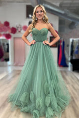 Green Strapless A-Line Tulle Material Long Prom Dresses