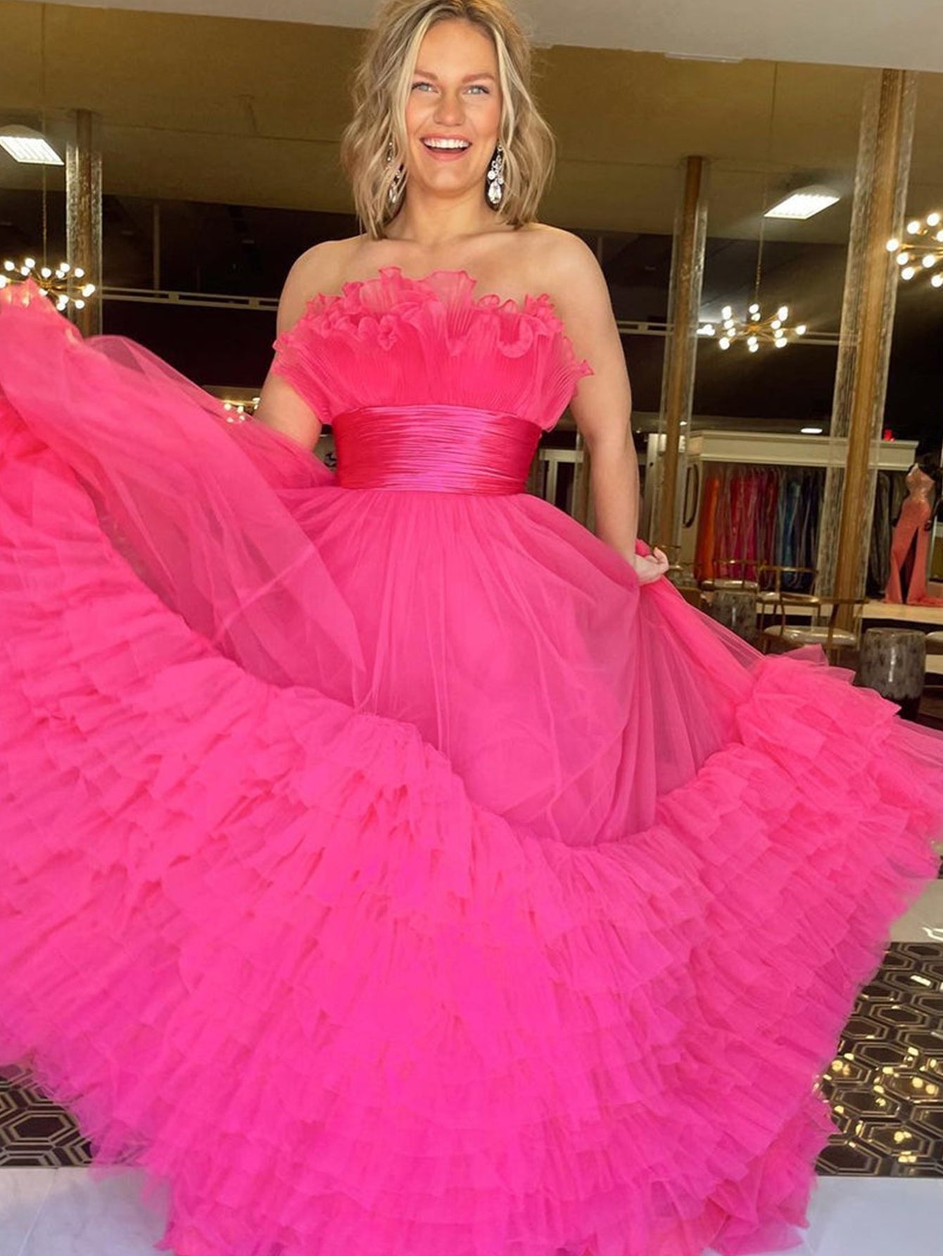 Alani Dressystars A-Line Strapless Girly Pink Tiered Long Tulle Material Prom Dress