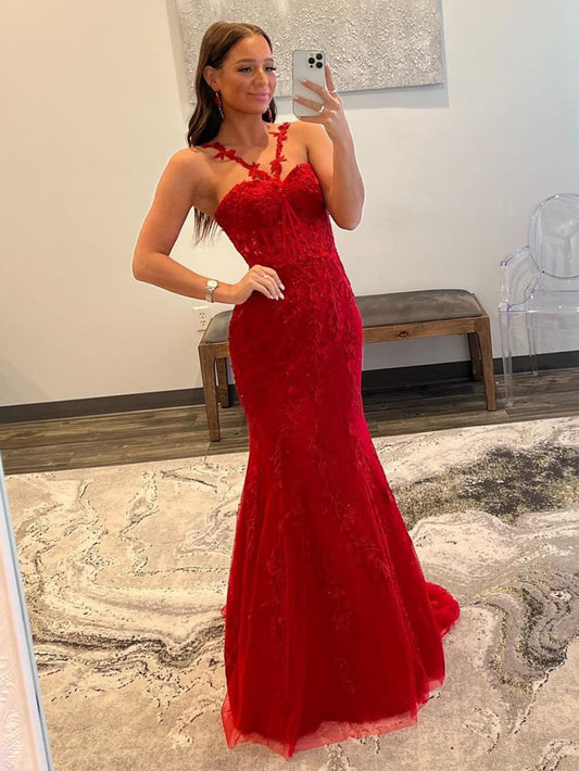 Morgan Dressystars Red Mermaid Halter Lace Mermaid Long Prom Dress