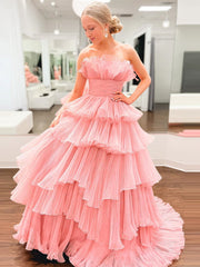 Dressystars A-Line Strapless Tiered Crinkled Tulle Material Prom Dress