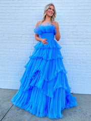 Dressystars A-Line Strapless Tiered Crinkled Tulle Material Prom Dress