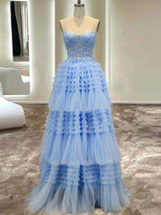 Dressystars Spaghetti Straps Tulle Material Long A-Line Prom Dress