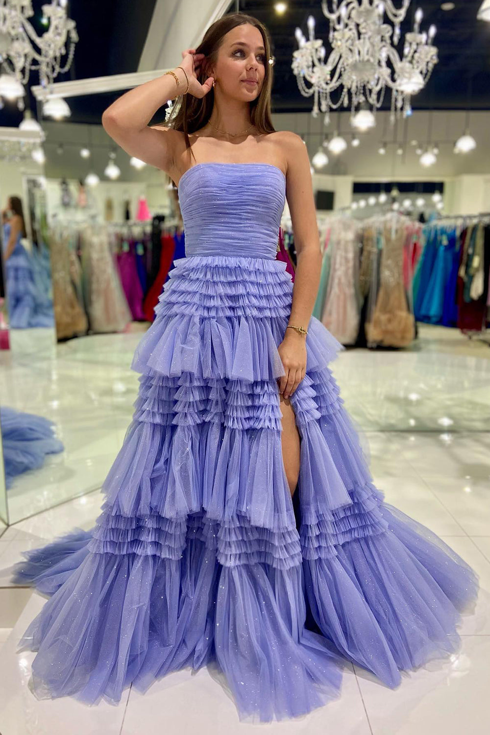 Daniela Dressystars A-Line Strapless Tulle Material Long Elegant Prom Dress with Layered Ruffles 