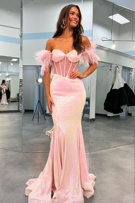 Sparkly Blush Mermaid Long Corset Prom Dress With Feather