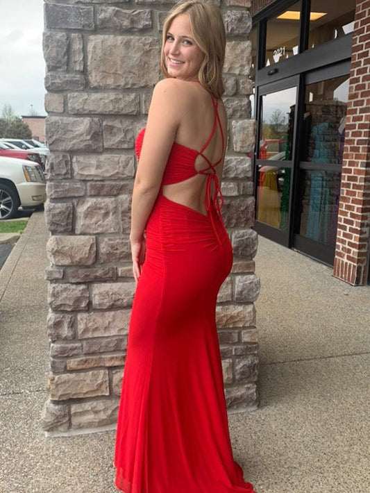 Red Chic Sweetheart Collar Neck Backless Cutout Mermaid Long Prom Dress