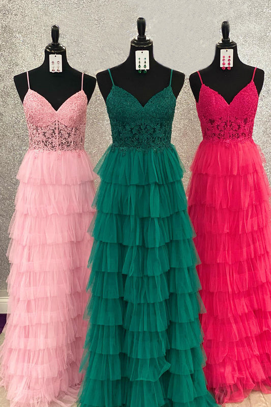 Dressystars Dark Green A-Line Tiered Tulle Material Long Elegant Prom Dress with Lace