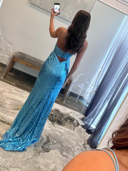 Mermaid Sexy V Neck Cutout Blue Long Prom Dress