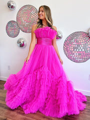 Alani Dressystars A-Line Strapless Girly Pink Tiered Long Tulle Material Prom Dress