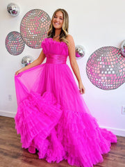 Alani Dressystars A-Line Strapless Girly Pink Tiered Long Tulle Material Prom Dress