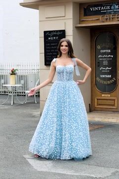 Sky Blue A Line Long Corset Prom Dress With Adjustable Straps