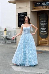 Sky Blue A Line Long Corset Prom Dress With Adjustable Straps