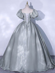 Gray Round Neck Satin Long Prom Dress Gray Sweet 16 Dress