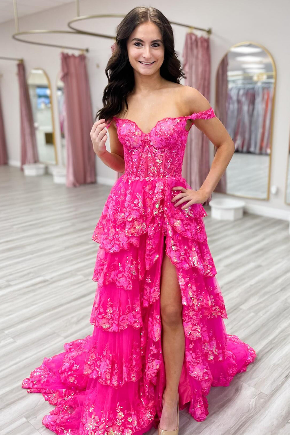 Sparkly Black Pink Tiered A-Line Long Prom Dress with Lace