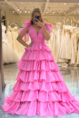 A Line Fuchsia V Neck Tulle Long Prom Dress with Ruffles