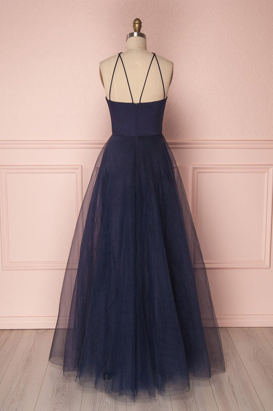 Simple Dark Blue Tulle Long Prom Dress Blue Tulle Evening Dress