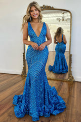 Sparkly Champagne Deep V Neck Sequin Mermaid Prom Dress