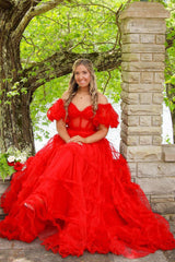 A Line Off the Shoulder Red Tulle Corset Prom Dress with Bowknot