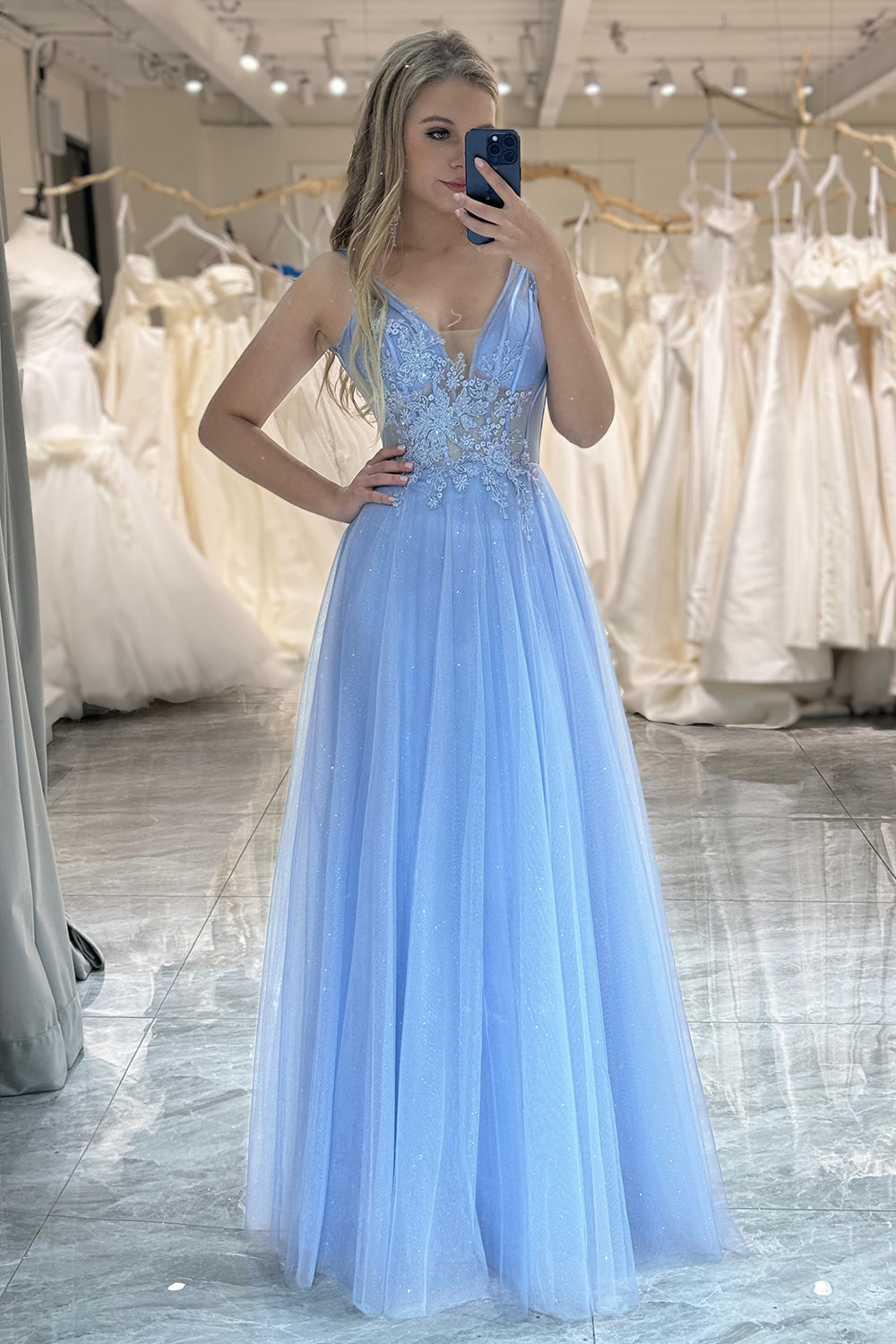 A Line Light Blue Tulle Long Corset Prom Dress