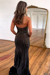 Sparkly Black Mermaid Sweetheart Long Beaded Prom Dress With Slit