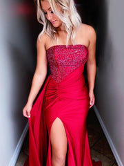 Dressystars  Red Strapless Satin Long Elegant Prom Dress with Split Design