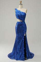 Sparkly Royal Blue One Shoulder Sequins Prom Dress with 3D Flowers